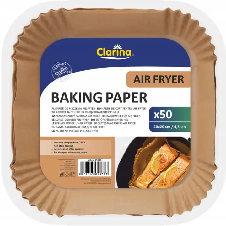Kwadratowe wkładki papierowe marki CLARINA do frytkownicy beztłuszczowej Air Fryer 20x20 cm zestaw 50 sztuk
