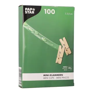 Ozdobne mini klamerki i spinacze drewniane 3,5 cm Papstar w zestawie 100 sztuk. pudełko